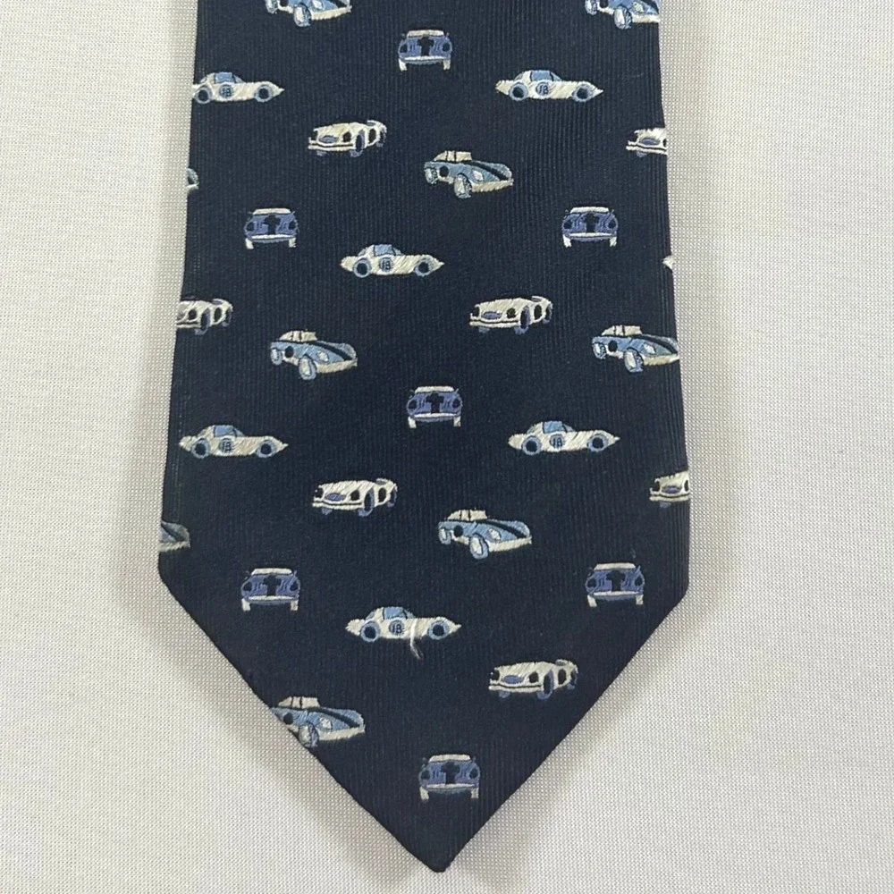 Banana Republic Necktie Mens Navy Blue Silk Vintage Sports Car Print Tie 62x3